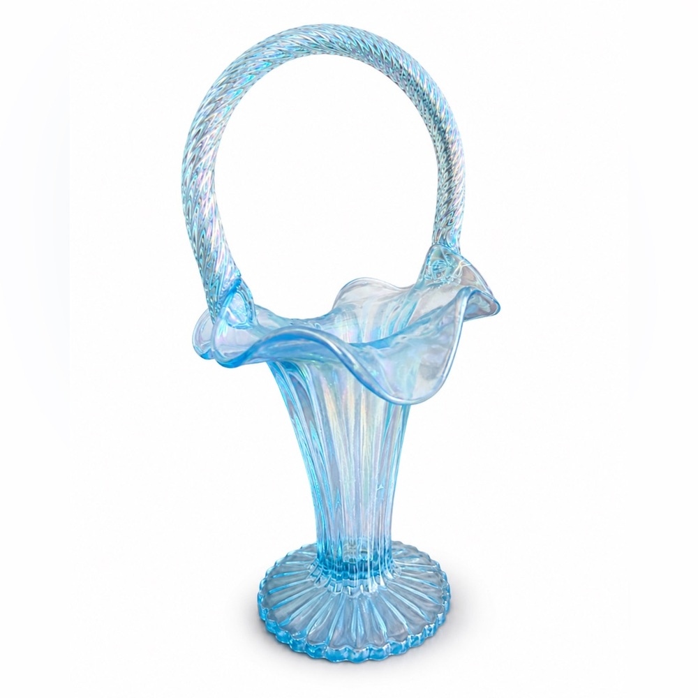 Fenton Legacy 95th Anniversary Blue Iridescent Glass Basket Twisted Handle